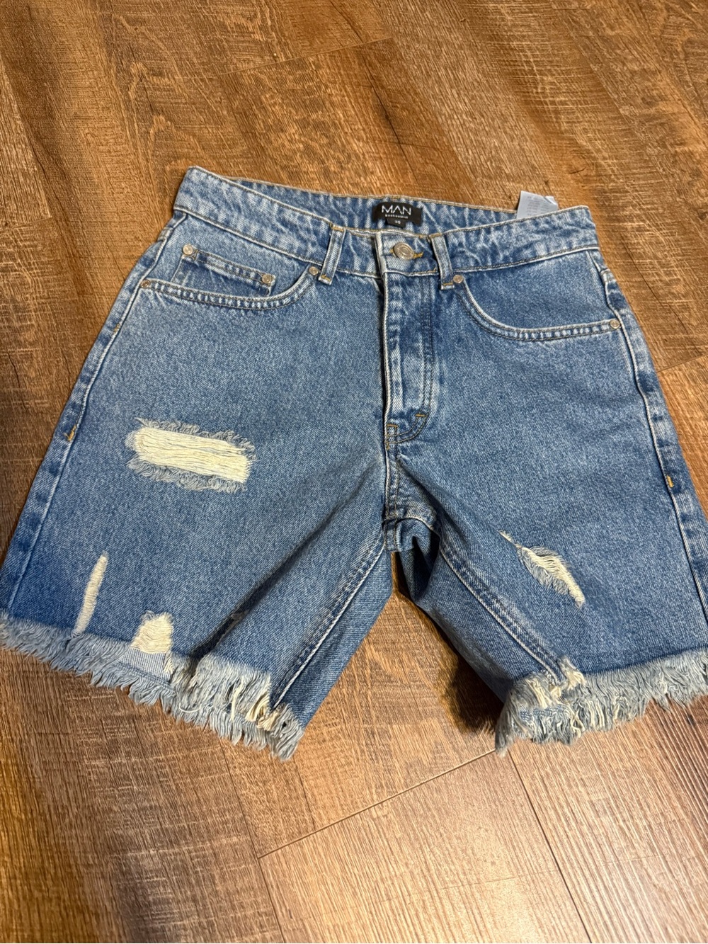 Men's Blue Distressed Denim Jean Shorts with Frayed Hem